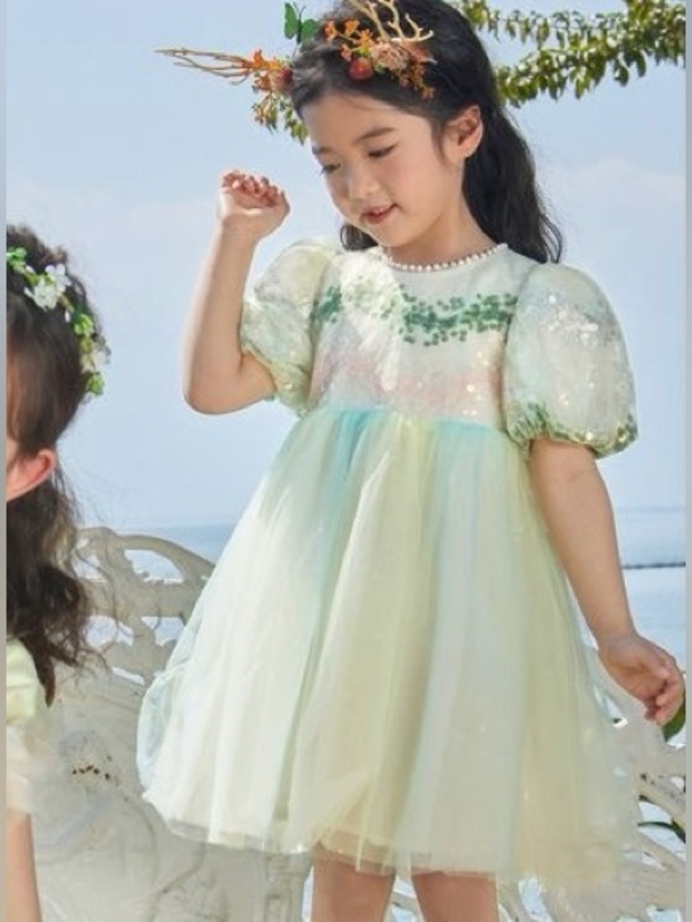 Girls' Pastel Green Sequin Tulle Formal Dress